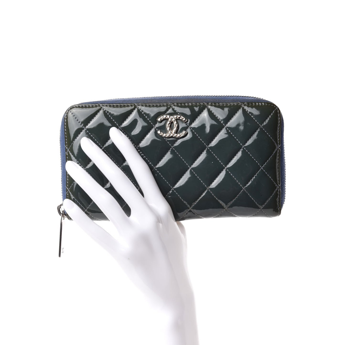 Patent Quilted Brilliant Zip Around Wallet Blue