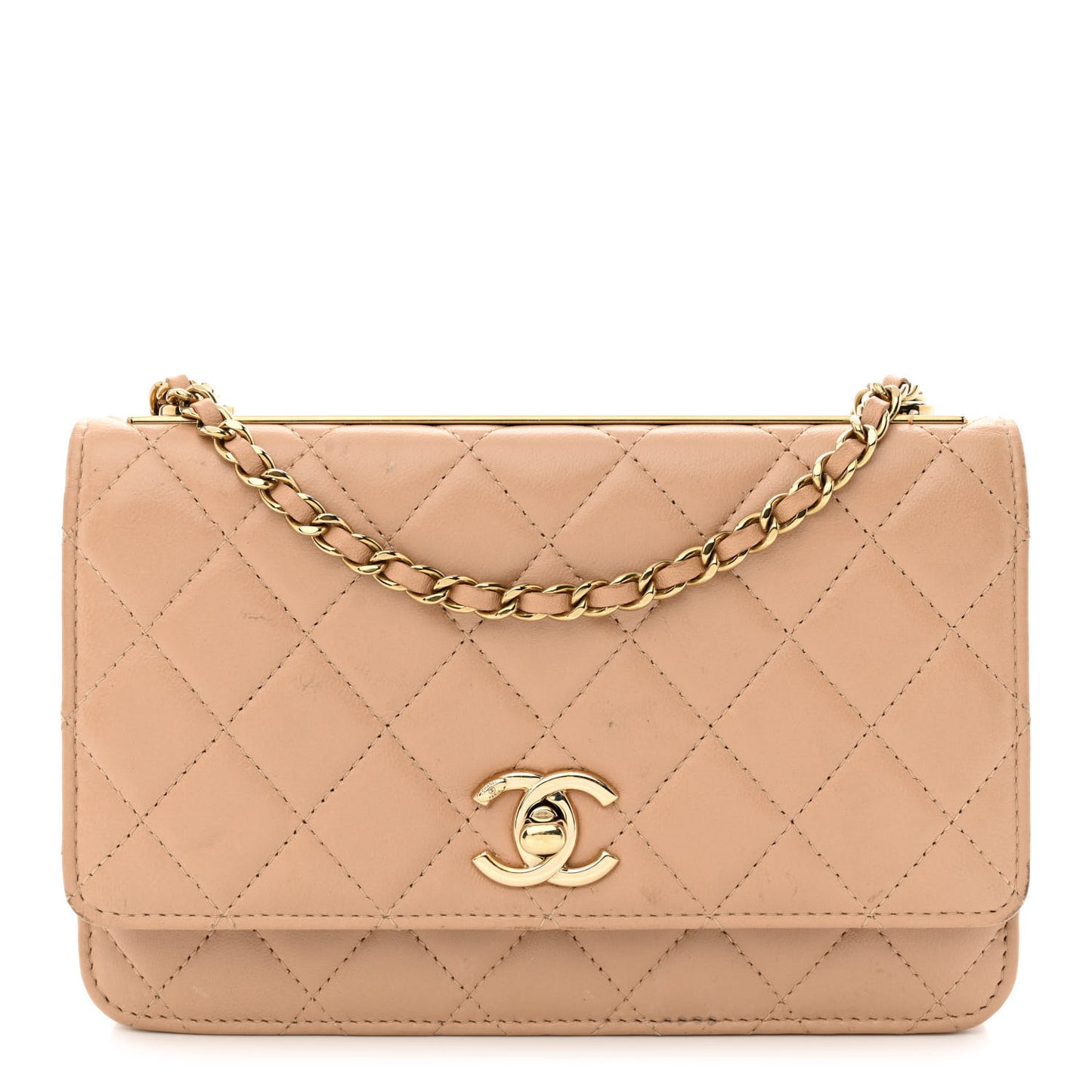Lambskin Quilted Trendy CC Wallet On Chain WOC Beige