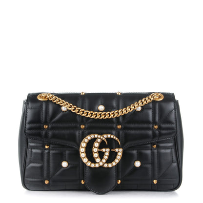 Gucci Calfskin Matelasse Studded Medium Pearly GG Marmont Shoulder Bag Black 1 of 7