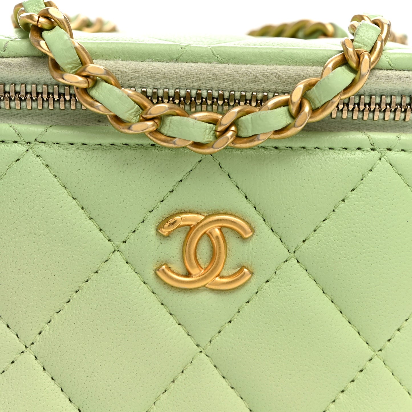 Lambskin Quilted Pearl Crush Mini Vanity Case With Chain Light Green