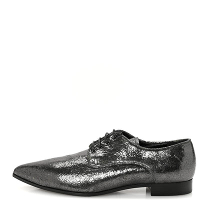 Miu Miu Metallic Crinkled Patent Lace Up Oxford Flats 37.5 Dark Silver 1 of 9