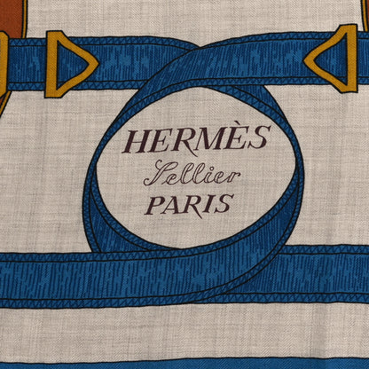 Hermes Cashmere Silk Eperon Eperon D'Or Shawl 140 Bleu Cobalt Naturel Vieil Or 2 of 5