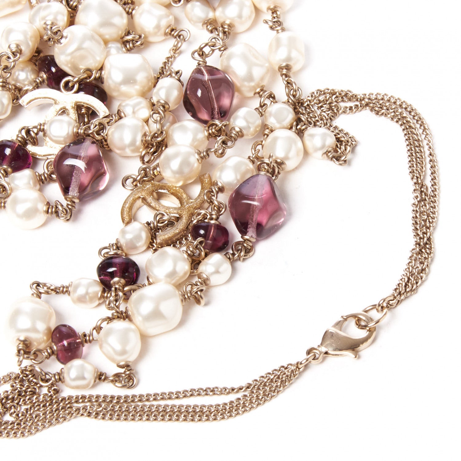 Chanel Beaded Pearl Crystal CC Long Strand Necklace Gold Purple 6 of 9
