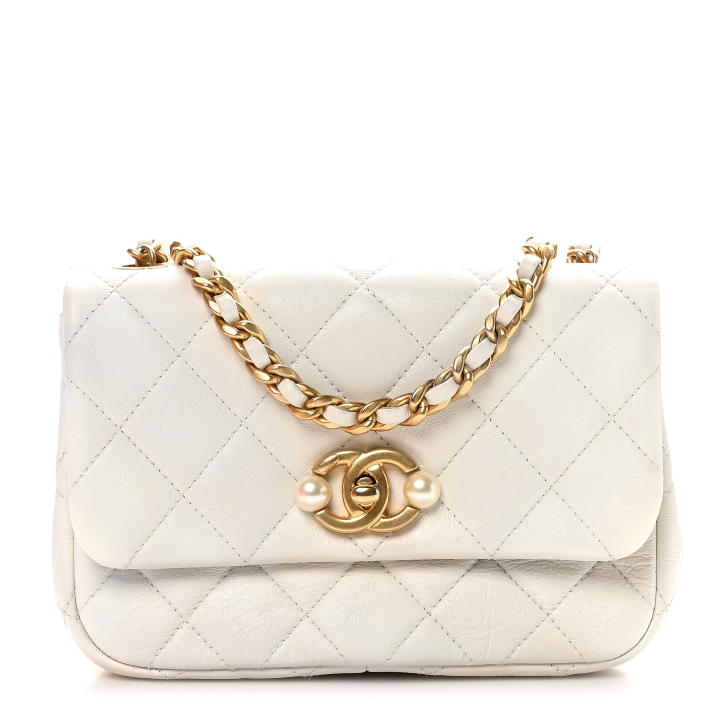 Glazed Calfskin Quilted Mini Pearl Side Flap White