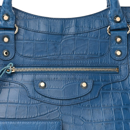 Balenciaga Calfskin Crocodile Embossed Classic Silver Hardware City Bleu Marine 8 of 10