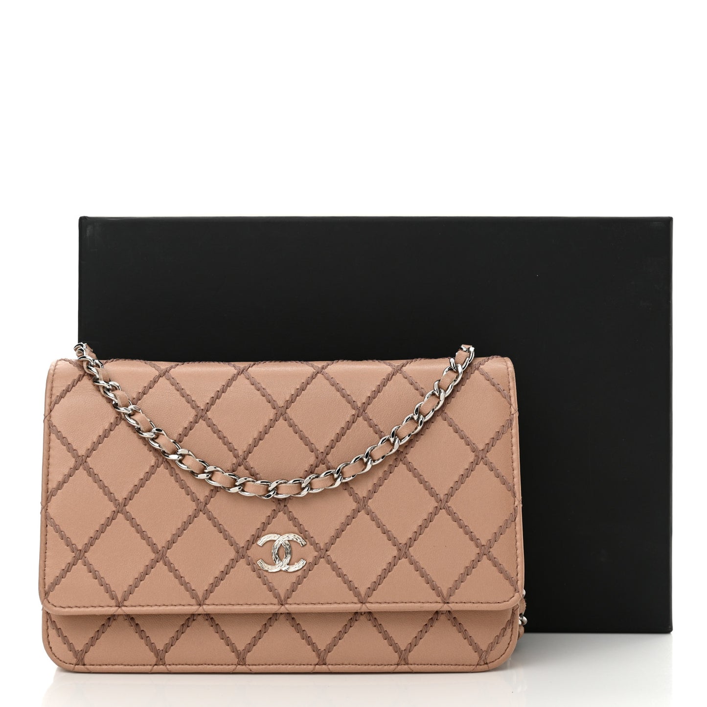 Calfskin Diamond Stitch Wallet On Chain WOC Beige