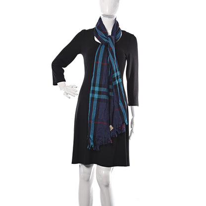 Burberry Merino Wool Cashmere Giant Check Lightweight Scarf Blue 2 of 7