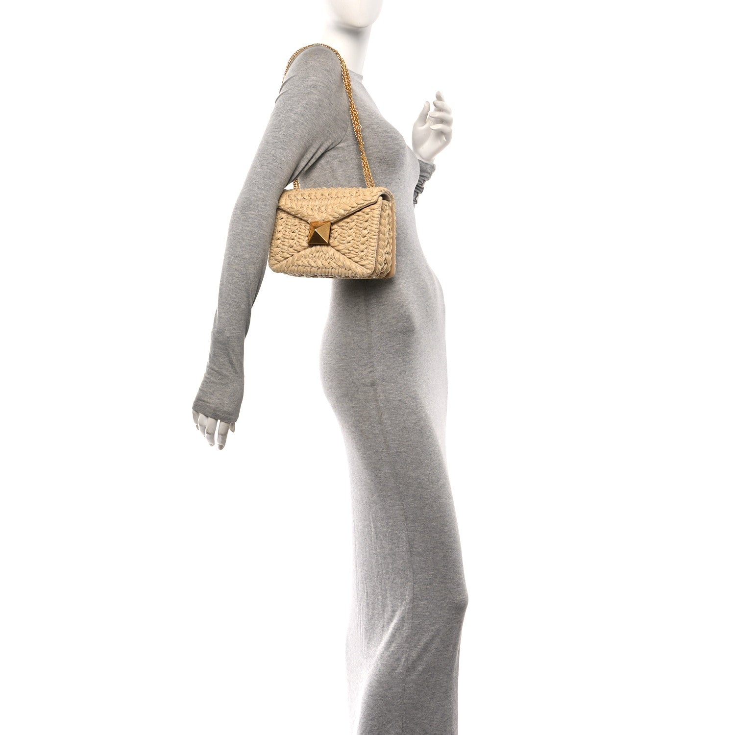 Valentino Garavani Raffia One Stud Chain Clutch Natural 2 of 9