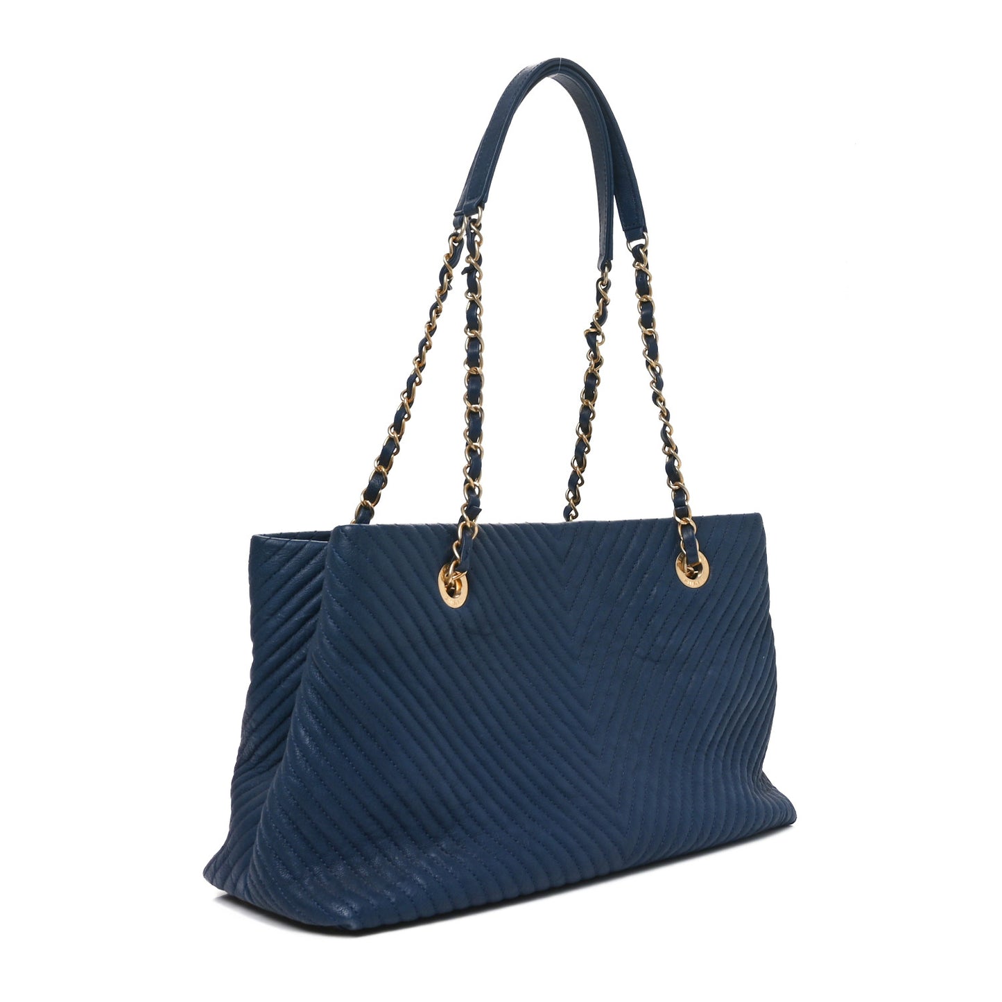 Wrinkled Lambskin Chevron Quilted Surpique Tote Navy Blue