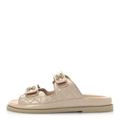 Chanel Shiny Calfskin Crystal Quilted Velcro Dad CC Slide Sandals 38 Light Beige 1 of 14