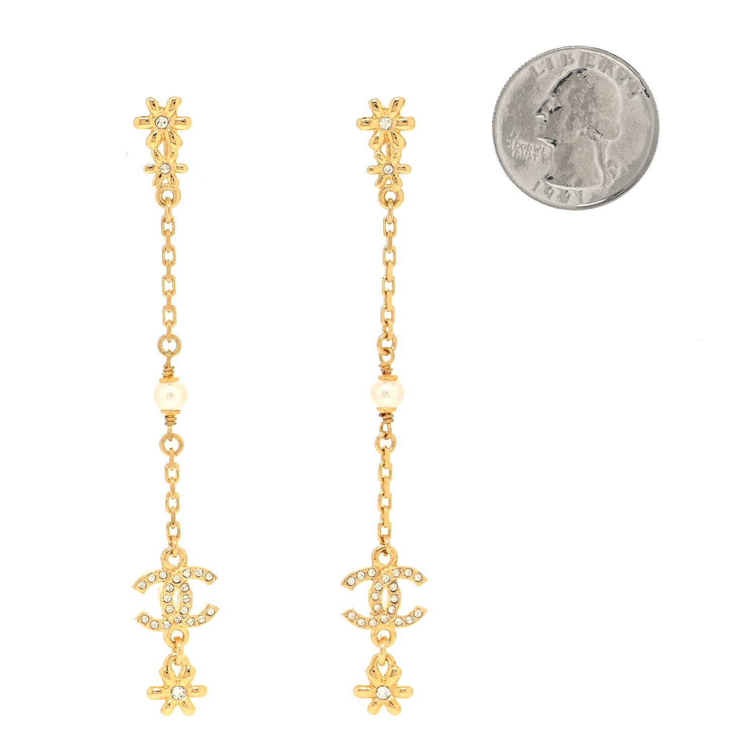 Chanel Pearl Crystal CC Flower Chain Long Drop Earrings Gold 2 of 4