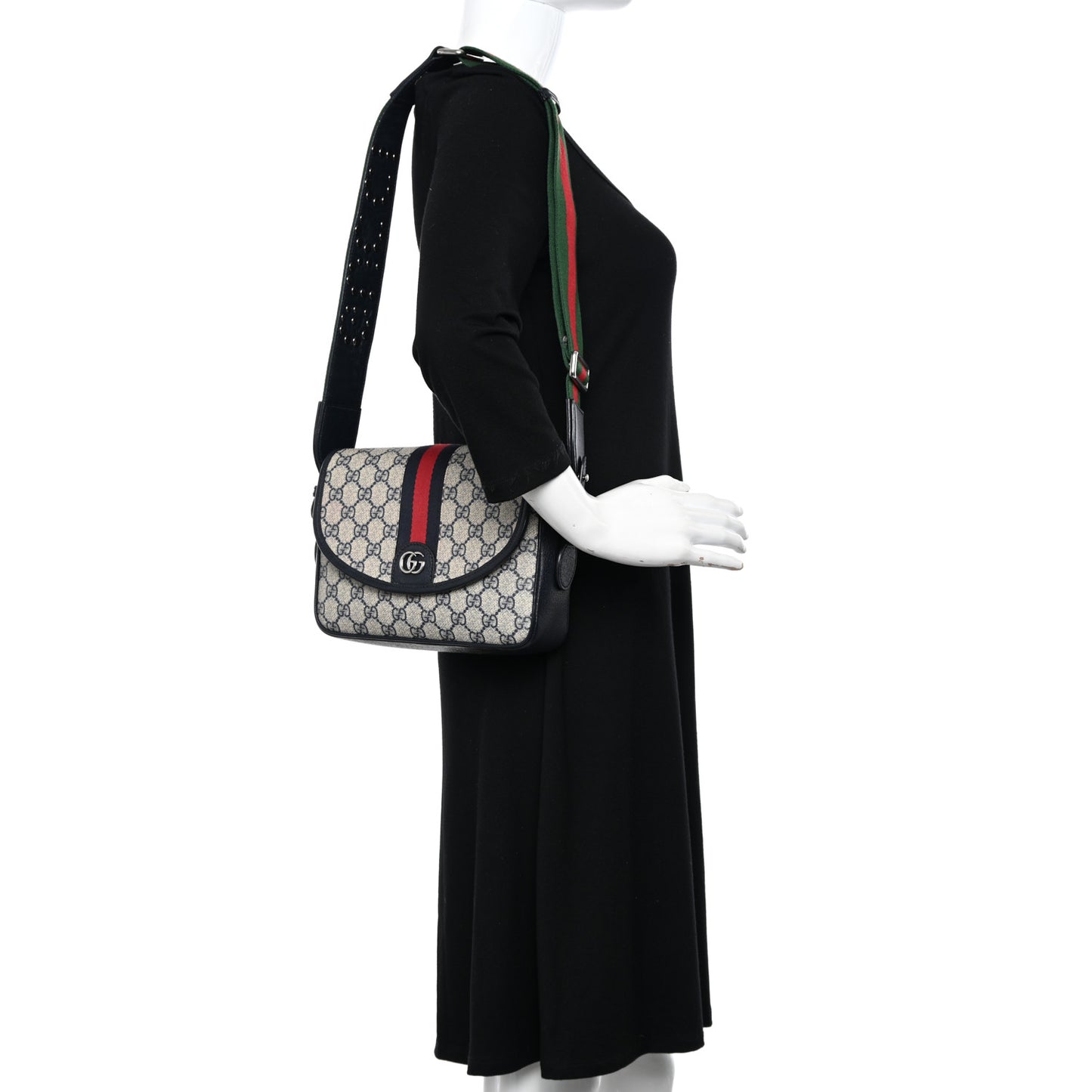 GG Supreme Monogram Textured Dollar Calfskin Web Studded Mini Ophidia Flap Shoulder Bag Beige Blue