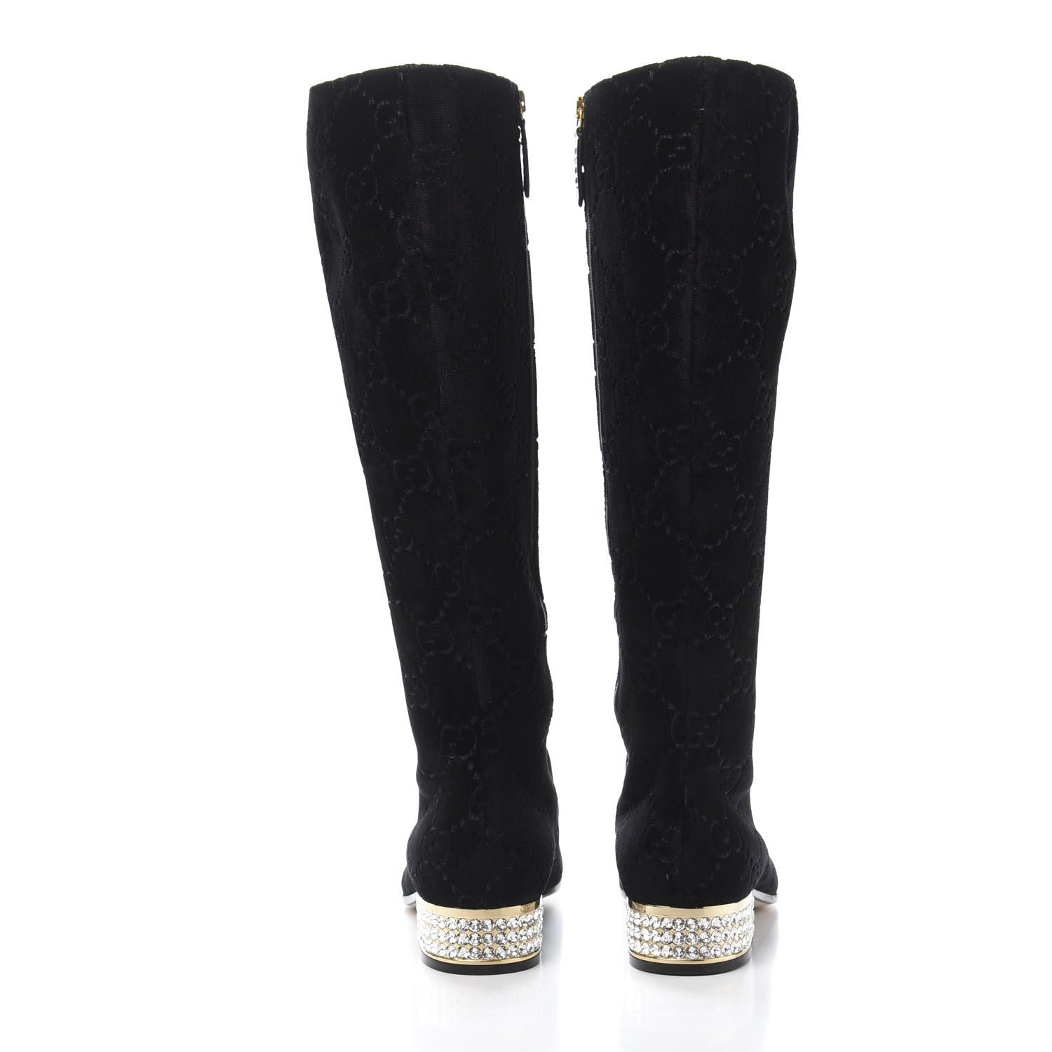 Gucci Velvet GG Monogram Crystal Horsebit Knee High Boots 38.5 Black 5 of 9