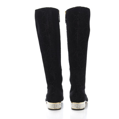 Gucci Velvet GG Monogram Crystal Horsebit Knee High Boots 38.5 Black 5 of 9