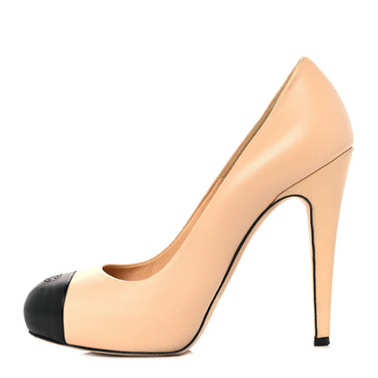 Chanel Lambskin CC Cap Toe Pumps 37.5 Beige Black 1 of 9