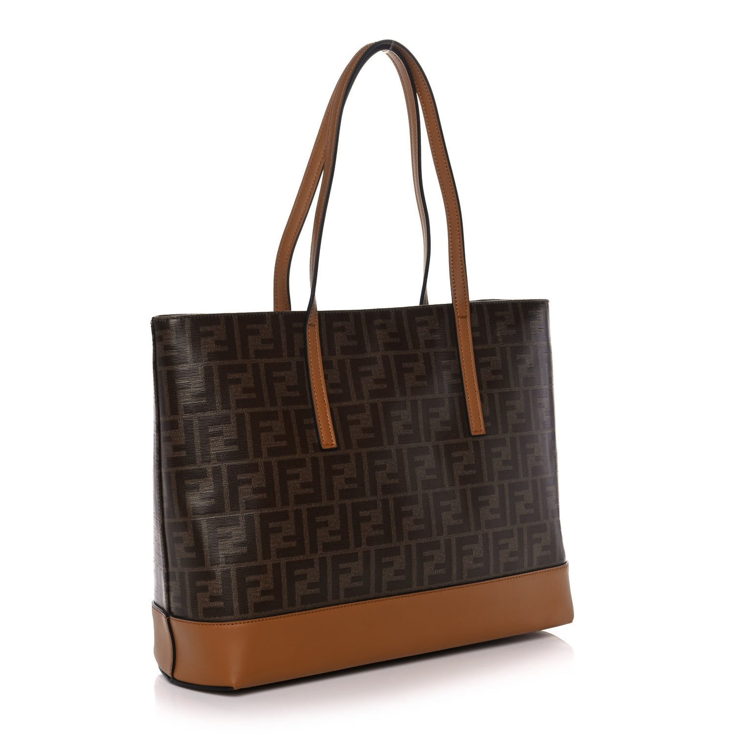 Glazed Fabric Vitello Century FF 1974 Stamp Patch Shopping Tote Mogano Panna Caramello