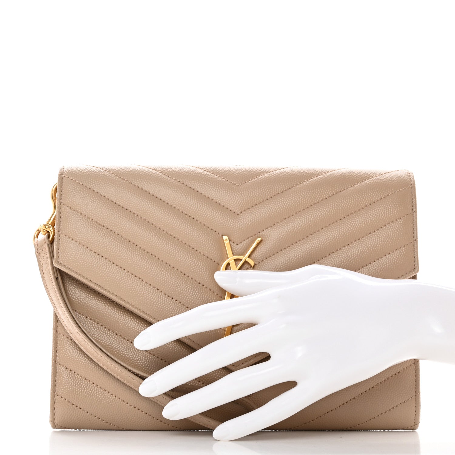 Saint Laurent Grain De Poudre Matelasse Chevron Monogram Envelope Clutch Dark Beige 2 of 13