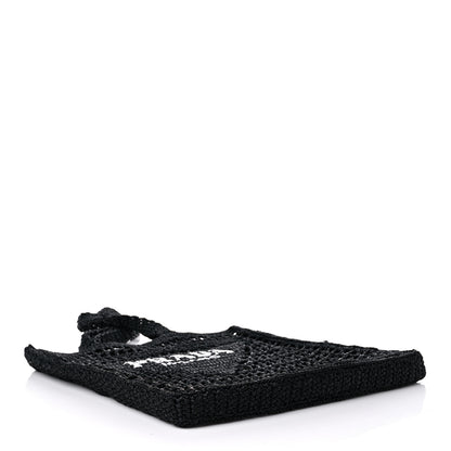 Prada Yarn Raffia Effect Crochet Logo Embroidered Tote Bag Black 4 of 7