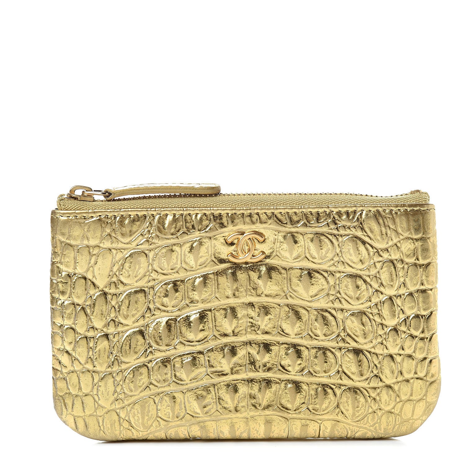 Chanel Metallic Calfskin Crocodile Embossed Cocodile Cosmetic Case Gold 1 of 7