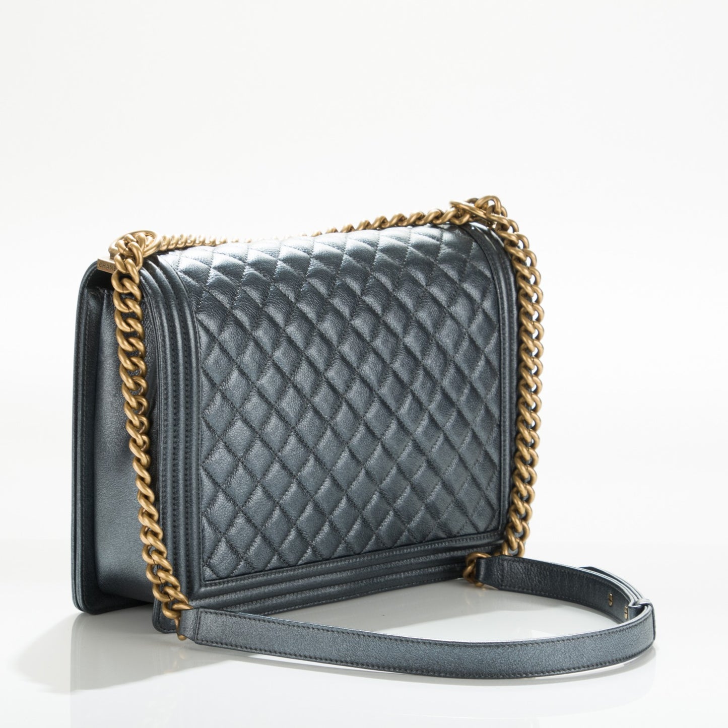 Metallic Calfskin Quilted Large Boy Flap Dark Grey