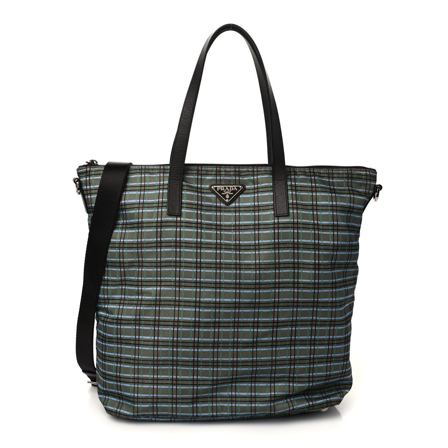 Tessuto Stampato Nylon Saffiano Check Print Tote Green