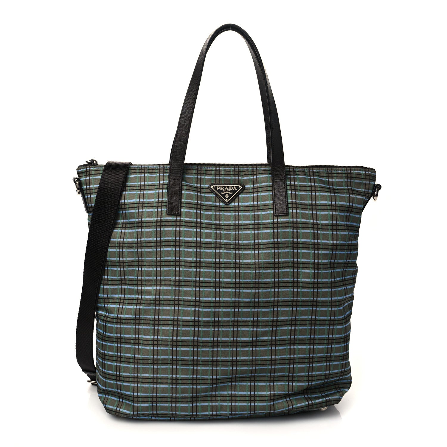 Prada Tessuto Stampato Nylon Saffiano Check Print Tote Green 1 of 5