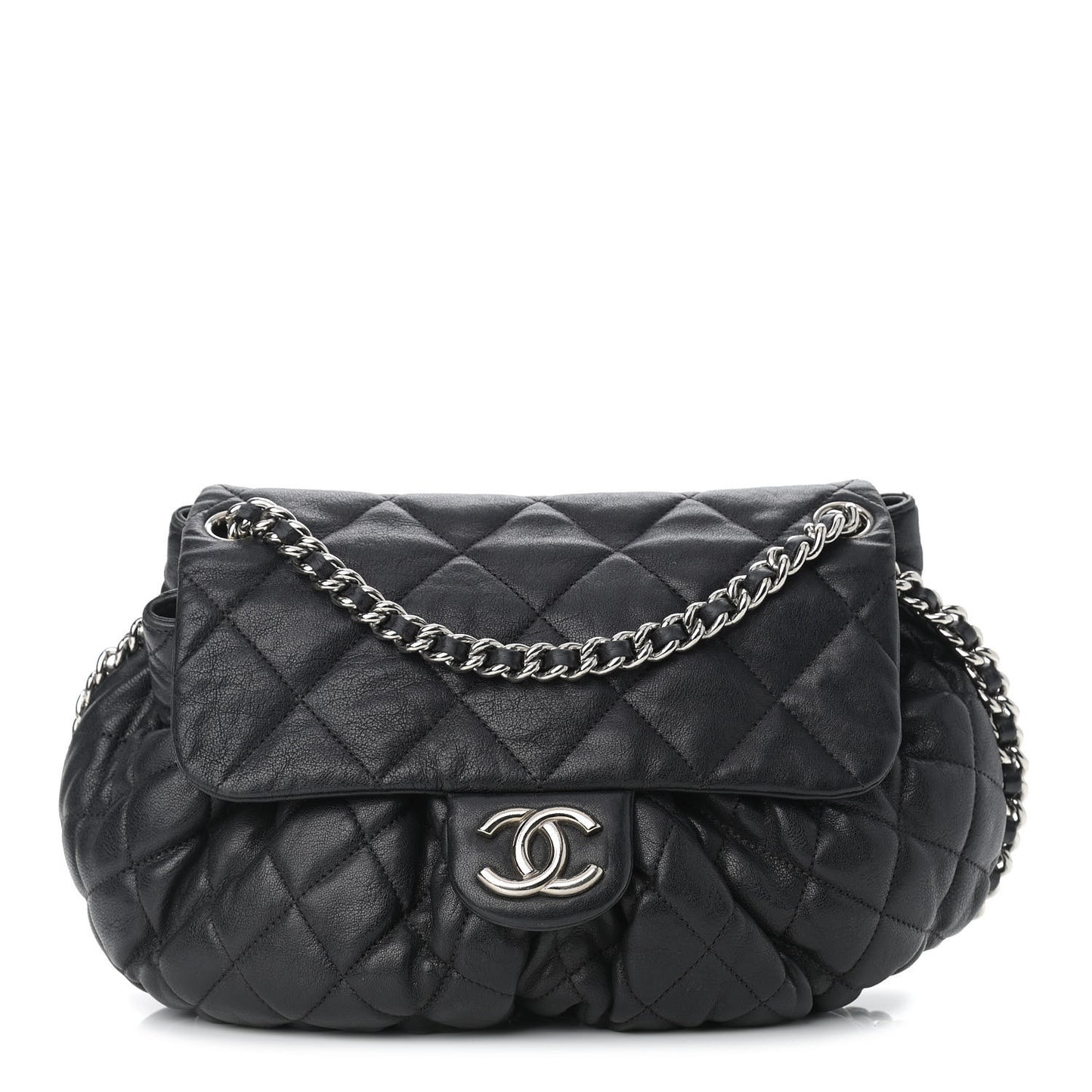 Washed Lambskin Quilted Medium Chain Around Messenger Black