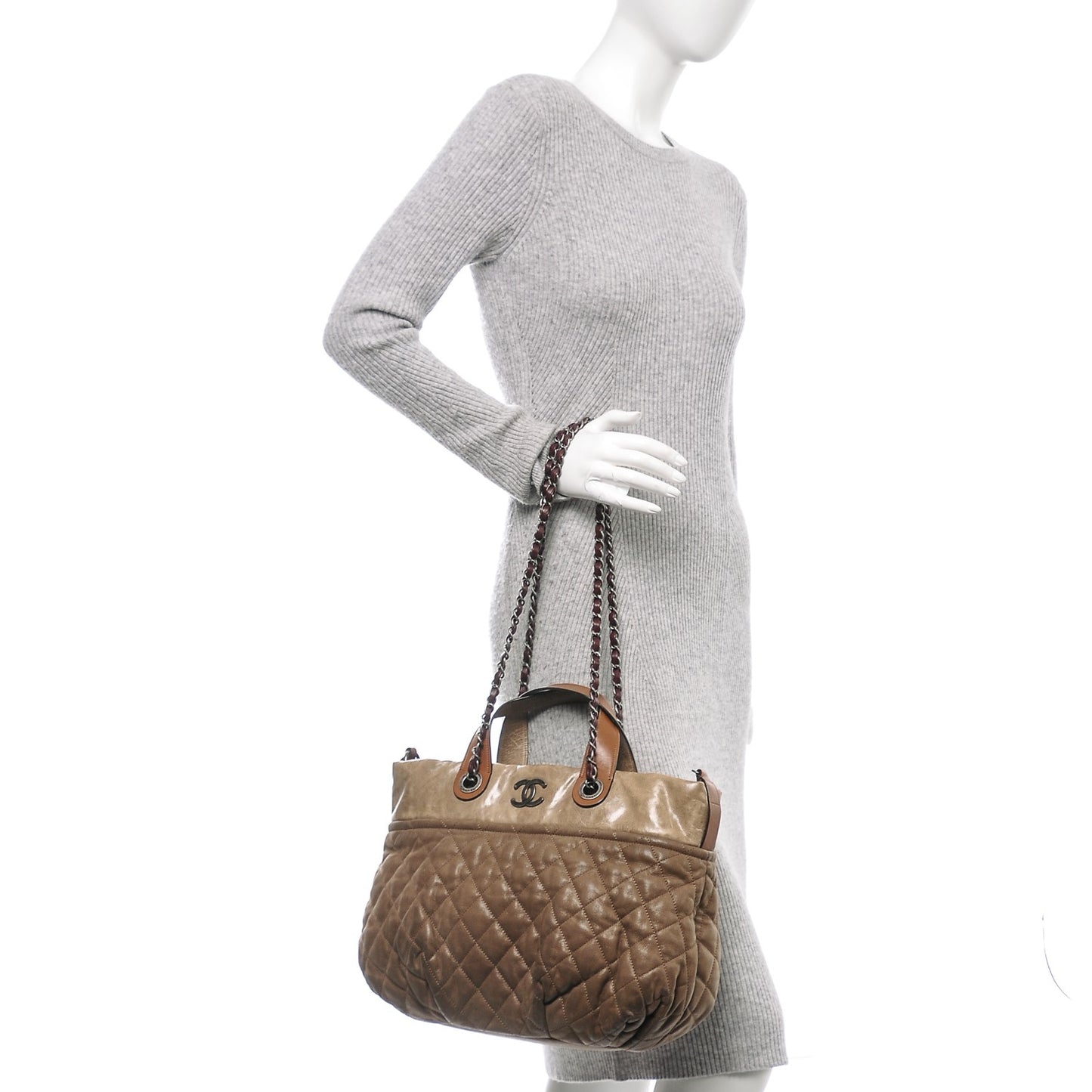 Iridescent Calfskin Quilted Small In The Mix Tote Khaki