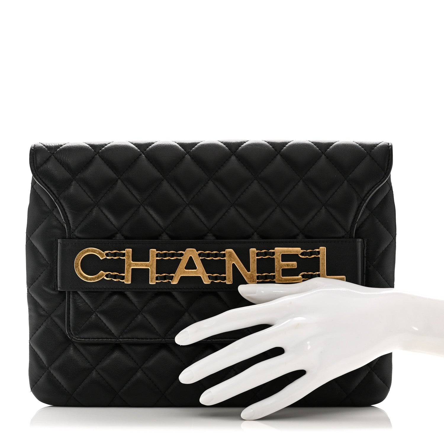 Chanel Calfskin Quilted Front Logo Enchained Clutch Black 2 of 11