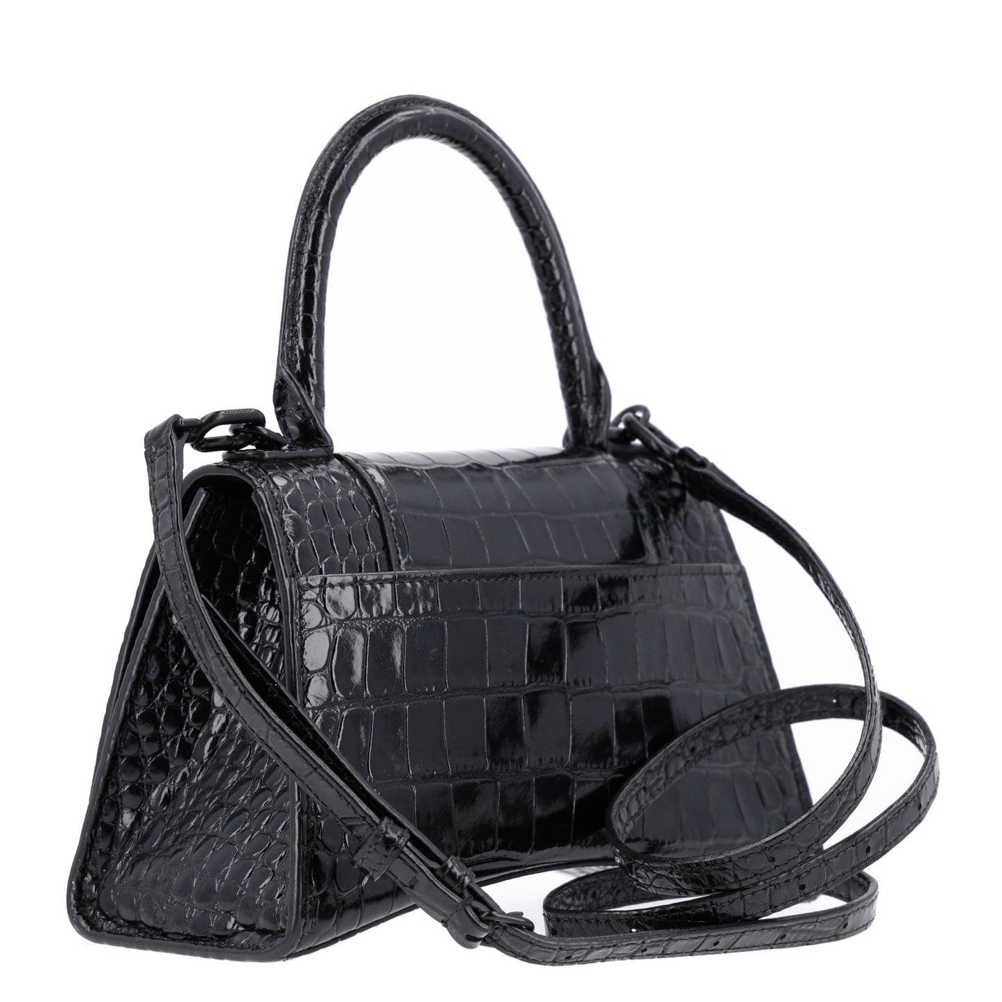 Shiny Calfskin Monochrome Crocodile Embossed Small Hourglass Top Handle Bag Black