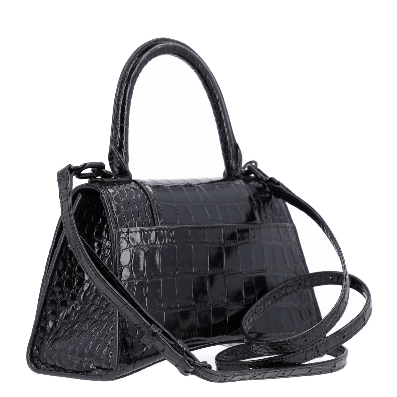 Balenciaga Shiny Calfskin Monochrome Crocodile Embossed Small Hourglass Top Handle Bag Black 3 of 10