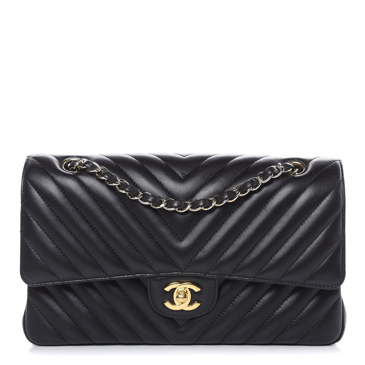 Lambskin Chevron Quilted Medium Double Flap Black