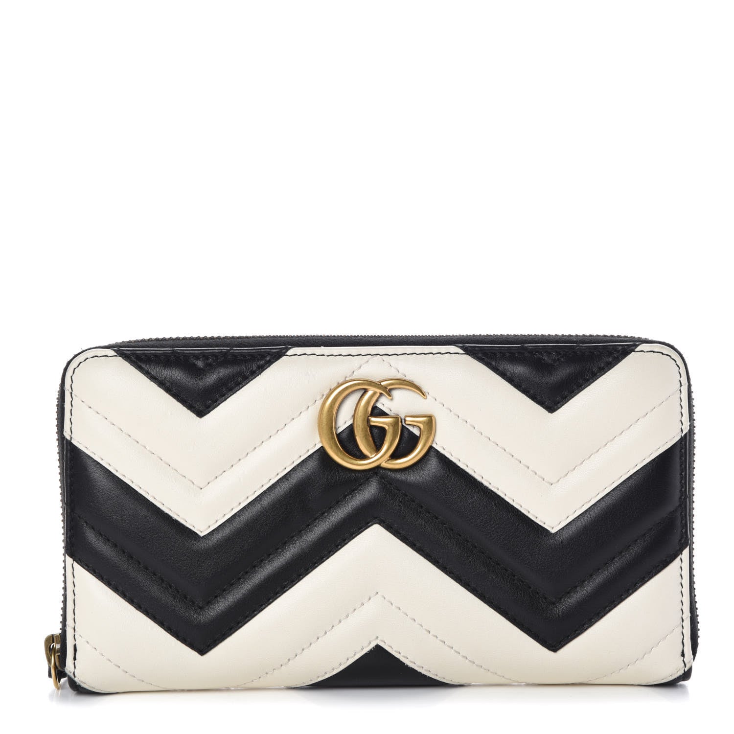 Gucci Calfskin Matelasse GG Marmont Zip Around Organizer Wallet Black White 1 of 7