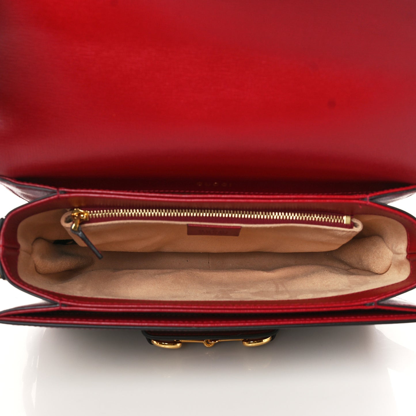 GG Supreme Monogram Azalea Calfskin Horsebit 1955 Shoulder Bag Beige Ebony New Cherry Red
