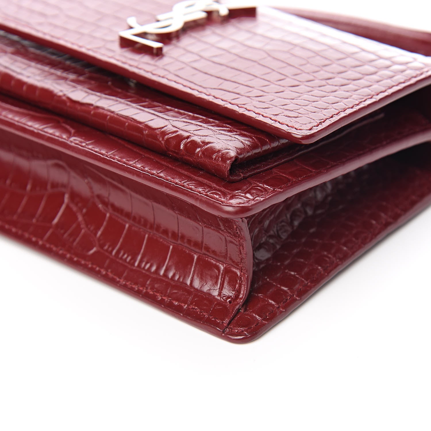 Saint Laurent Calfskin Crocodile Embossed Monogram Sunset Chain Wallet Palissandre 9 of 11