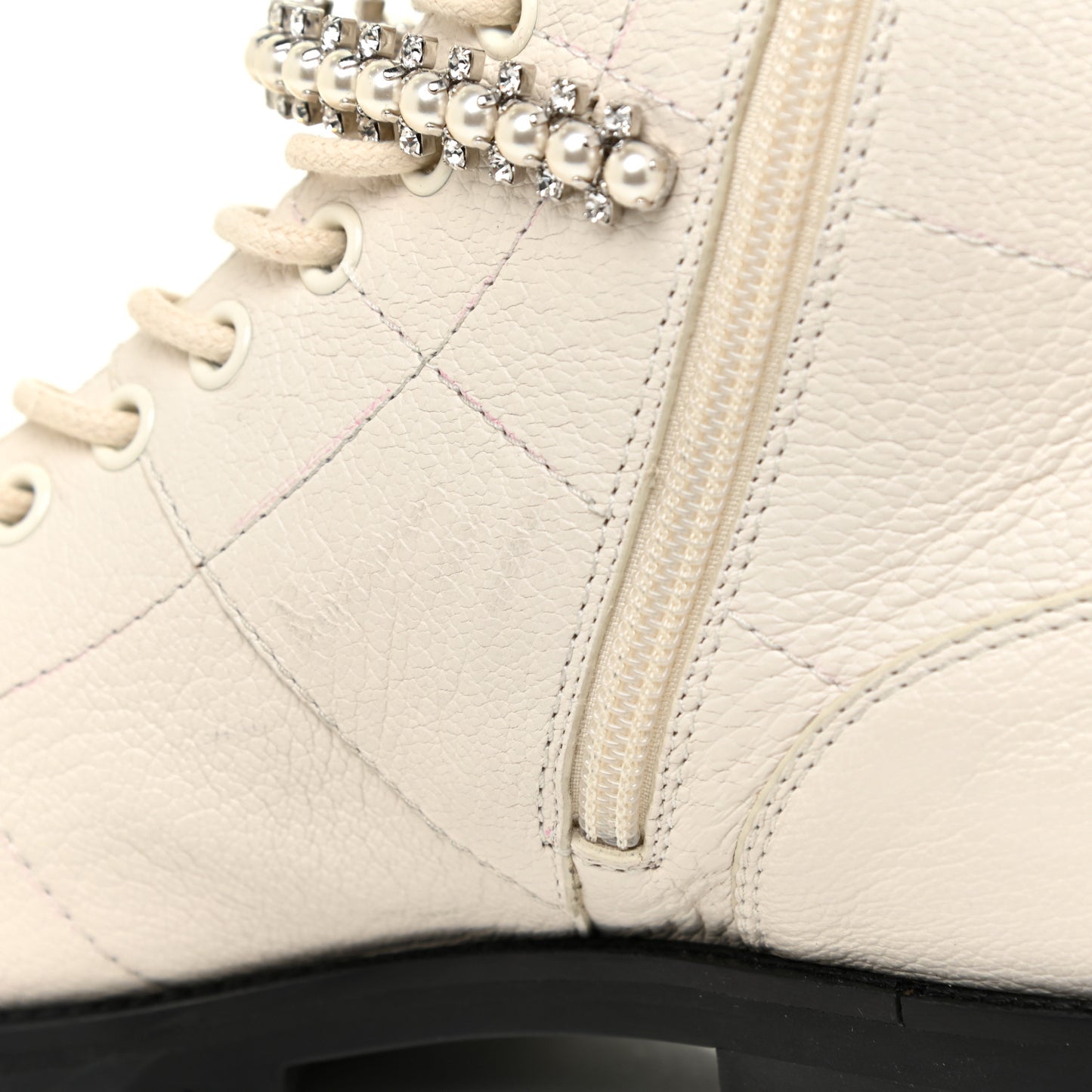 Goatskin Pearl Embellished Cruz Combat Boots 39.5 White