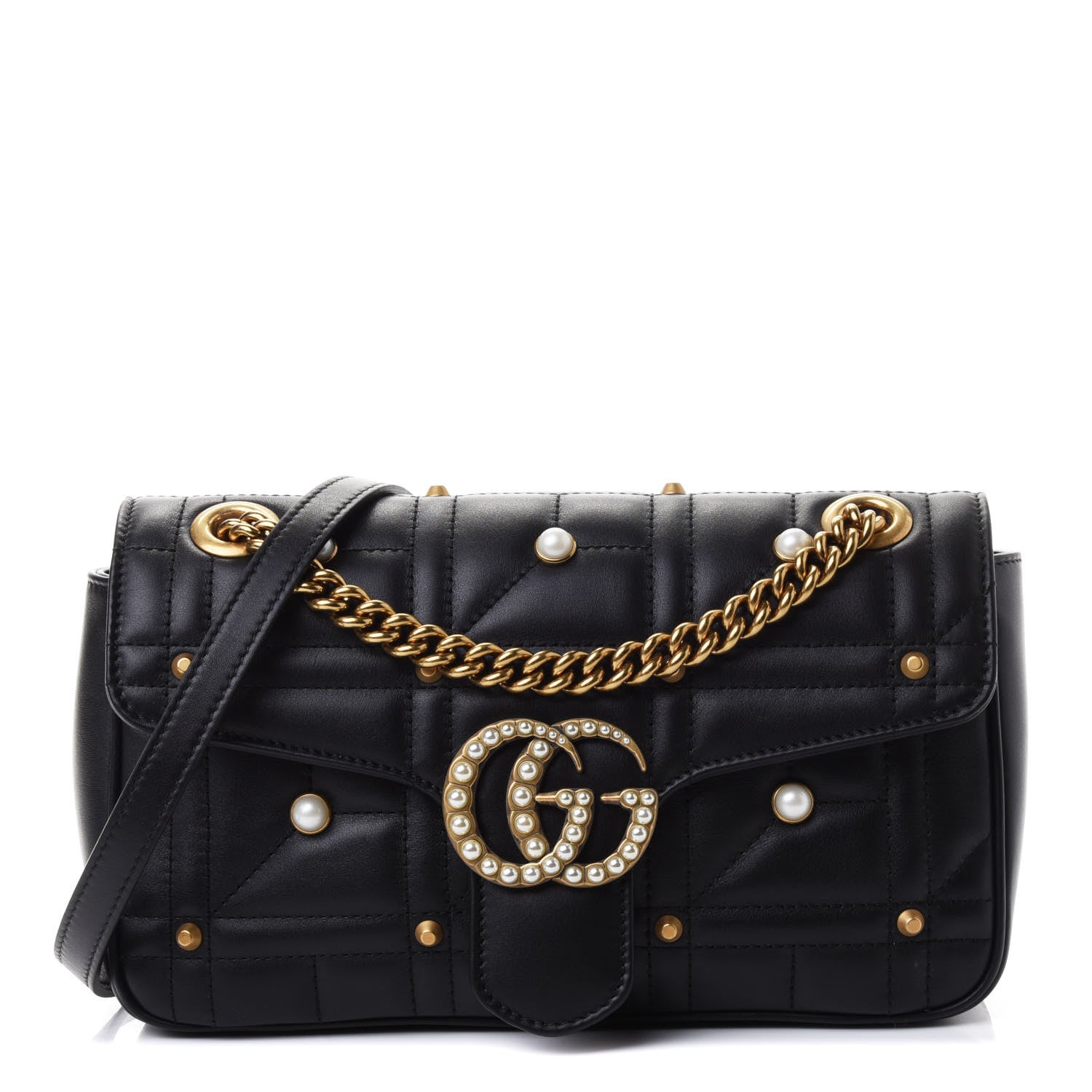 Gucci Calfskin Matelasse Studded Small Pearly GG Marmont Shoulder Bag Black 1 of 4