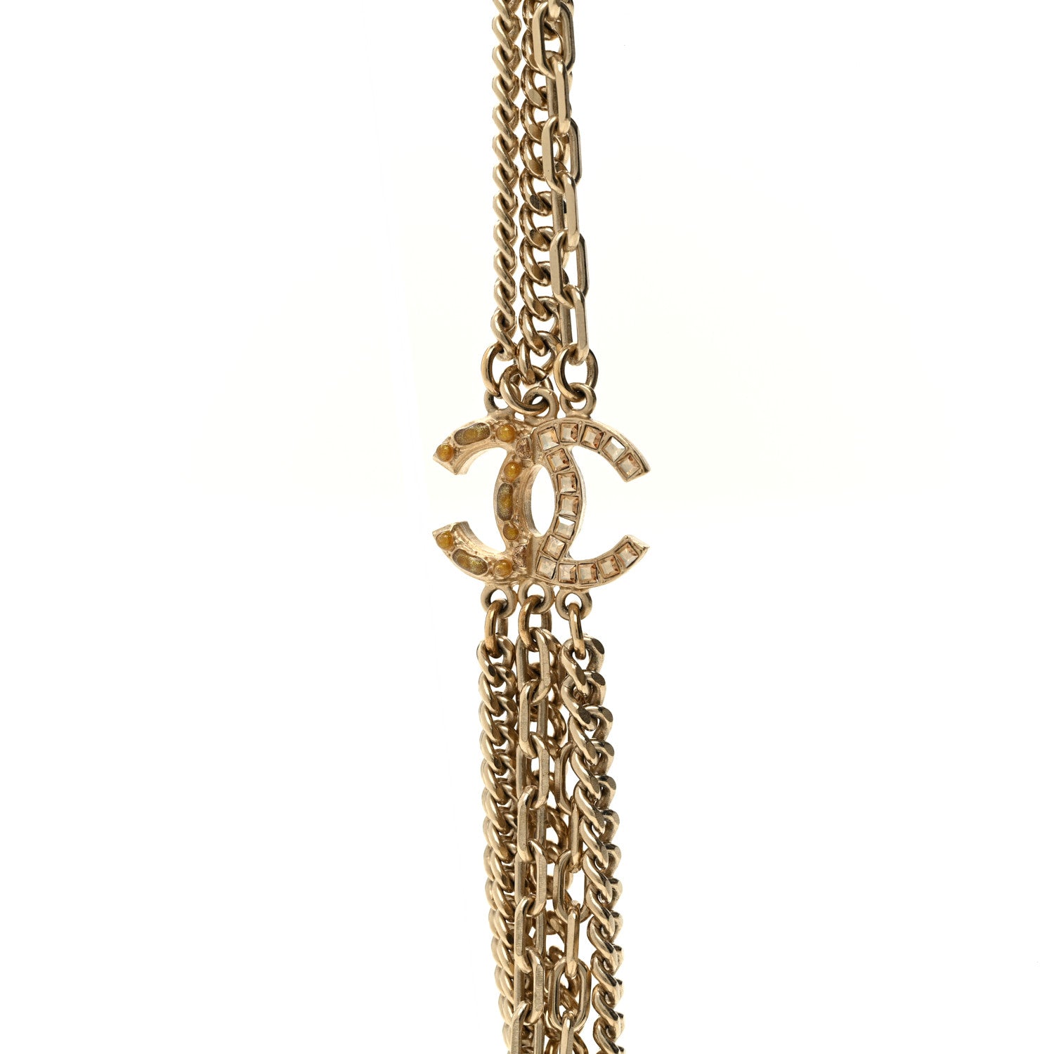 Chanel Baguette Crystal Gripoix Poured Glass CC Multi Strand Chain Necklace Light Gold 4 of 6