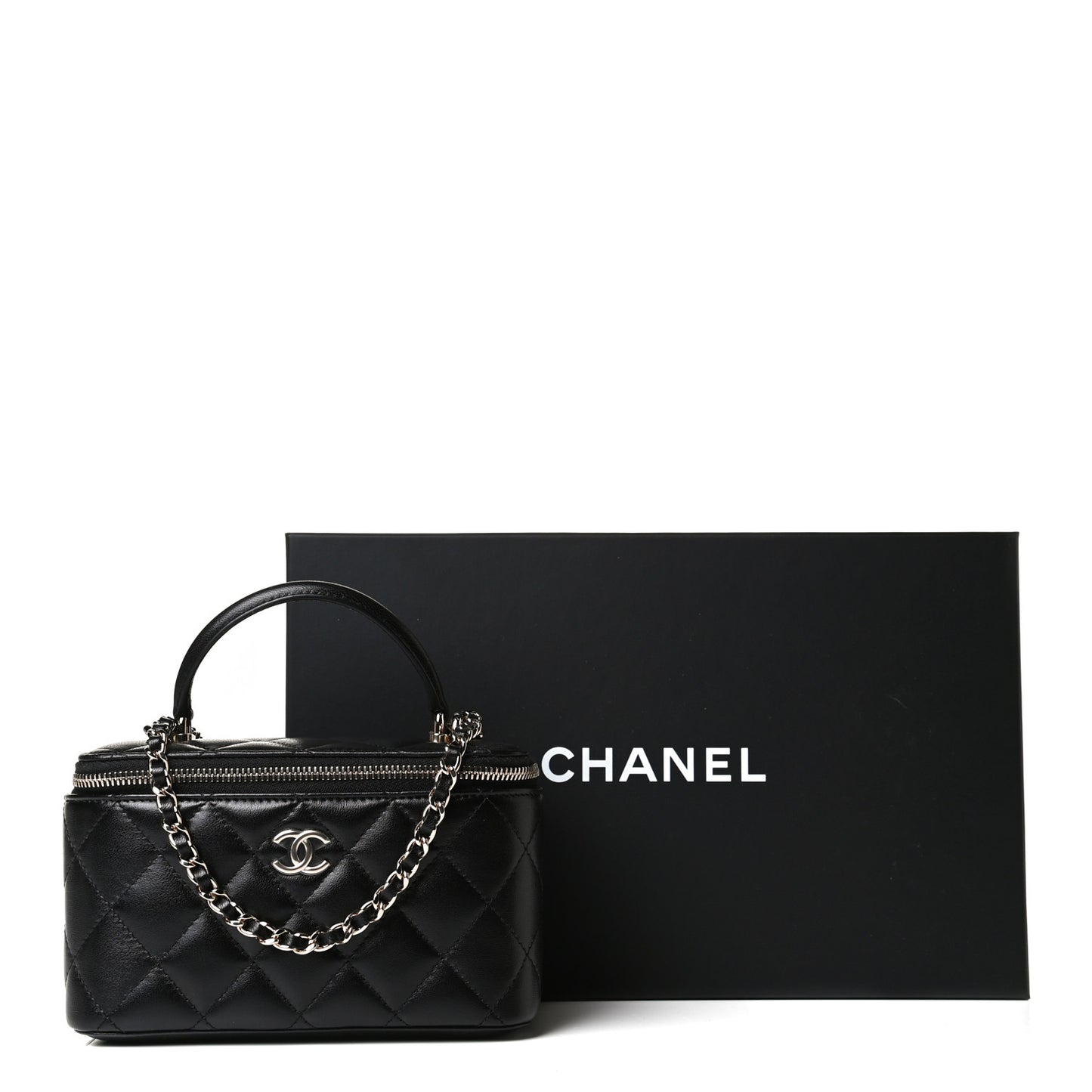 Lambskin Quilted Small Top Handle Vanity Case With Chain Black