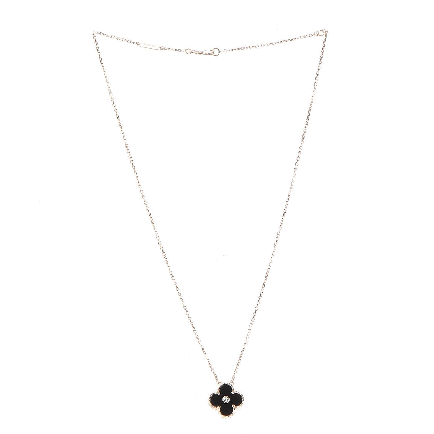 Van Cleef & Arpels 18K Rose Gold Diamond Black Onyx Vintage Alhambra Pendant Necklace 4 of 9