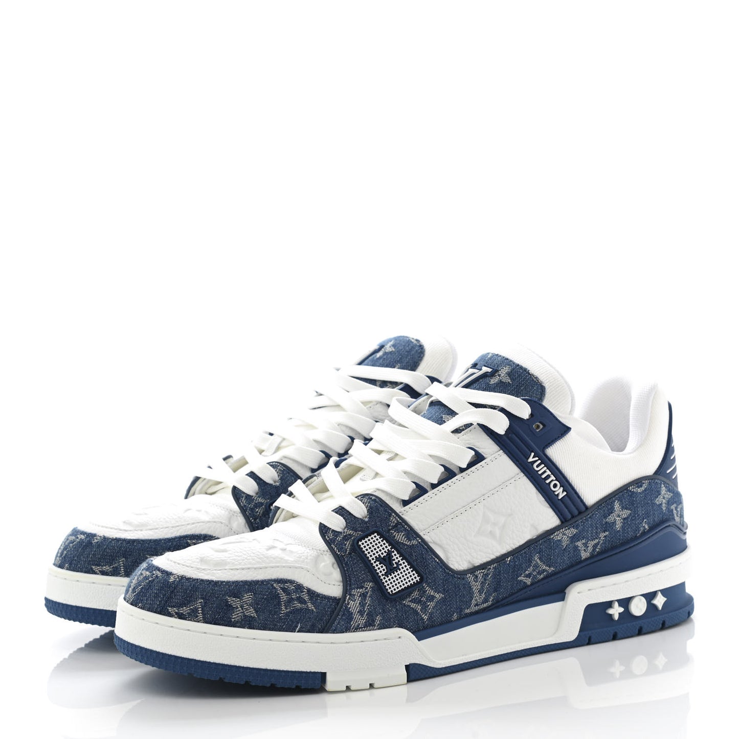 Calfskin Embossed Monogram Denim Mens LV Trainer Sneakers 12 Blue