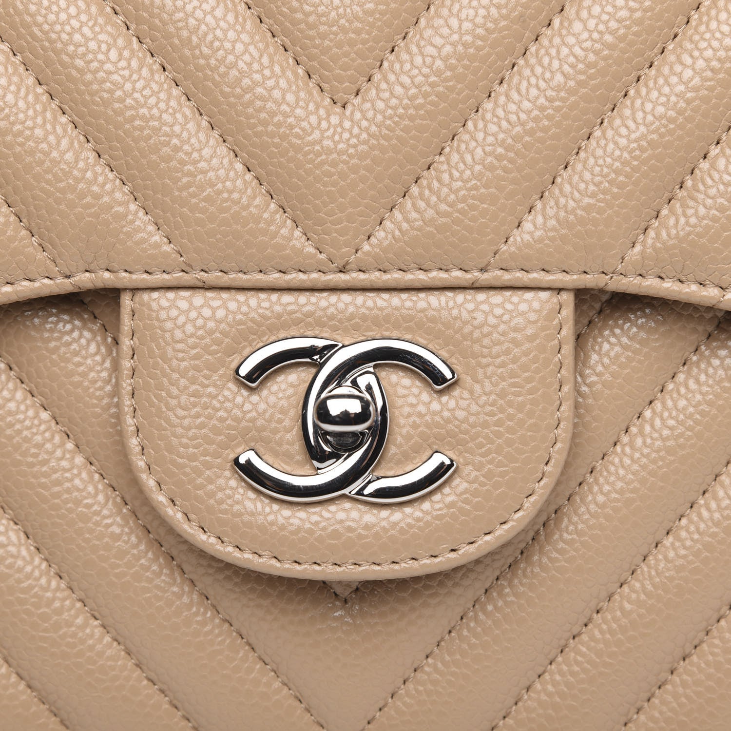 Chanel Caviar Chevron Quilted Jumbo Double Flap Beige 9 of 12