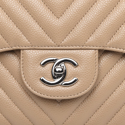 Chanel Caviar Chevron Quilted Jumbo Double Flap Beige 9 of 12