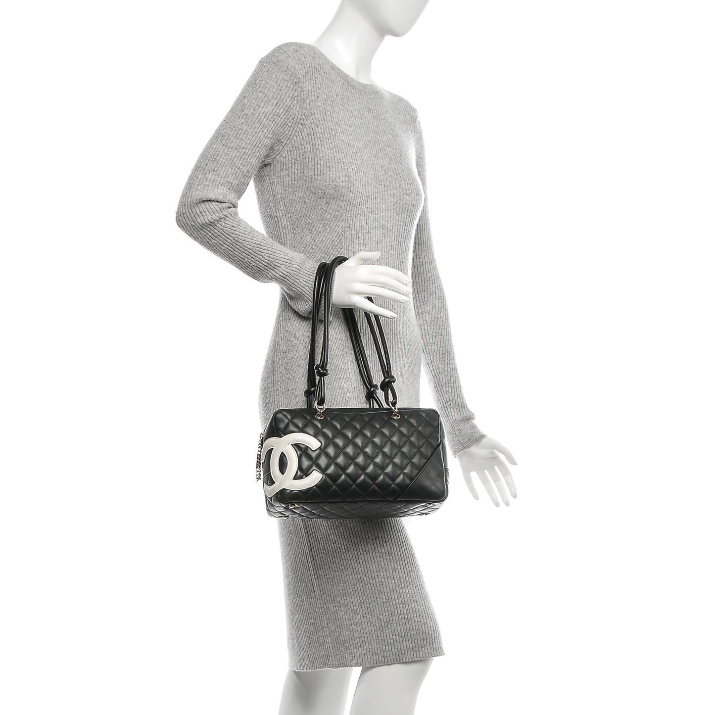 Calfskin Quilted Large Cambon Bowler Black White