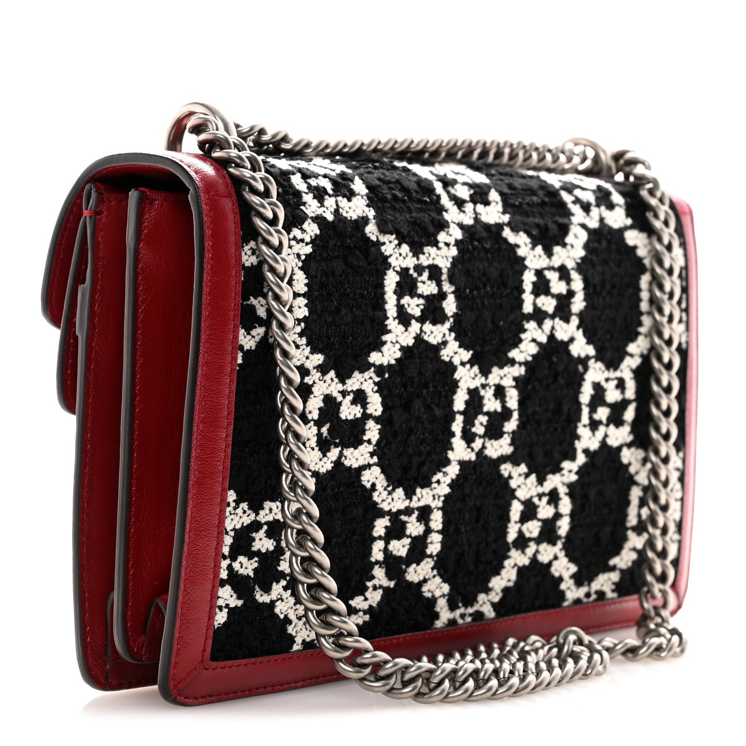 Gucci Tweed GG Monogram Small Dionysus Shoulder Bag Black White Romantic Cherry 3 of 10