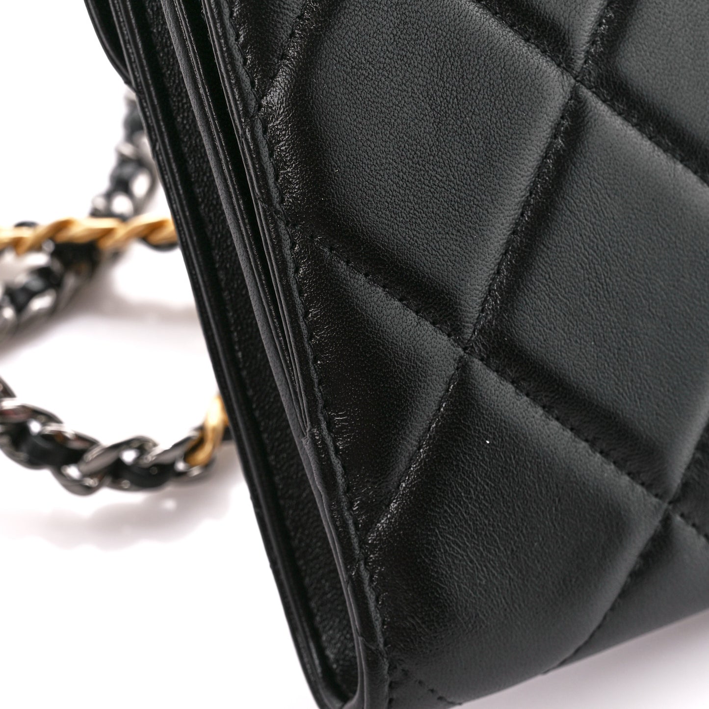 Lambskin Quilted Chanel 19 Phone Holder With Chain Black