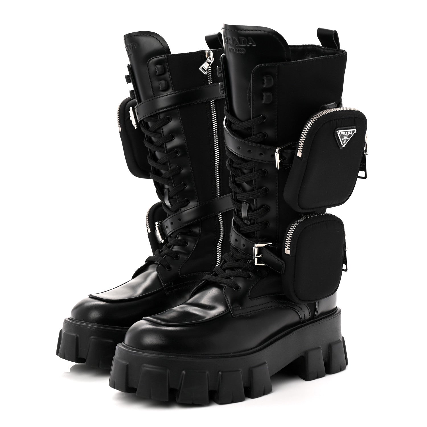 Prada Spazzolato Rois Re-Nylon Metal Triangle Logo Monolith Pouch Pocket 55mm Tall Combat Boots 39 Black 3 of 9