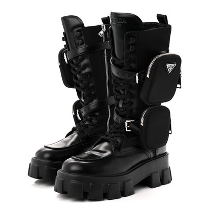 Prada Spazzolato Rois Re-Nylon Metal Triangle Logo Monolith Pouch Pocket 55mm Tall Combat Boots 39 Black 3 of 9