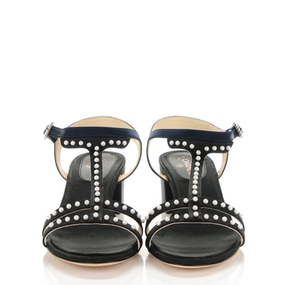 Chanel Satin Pearl Sandals 36.5 Navy Black 2 of 8