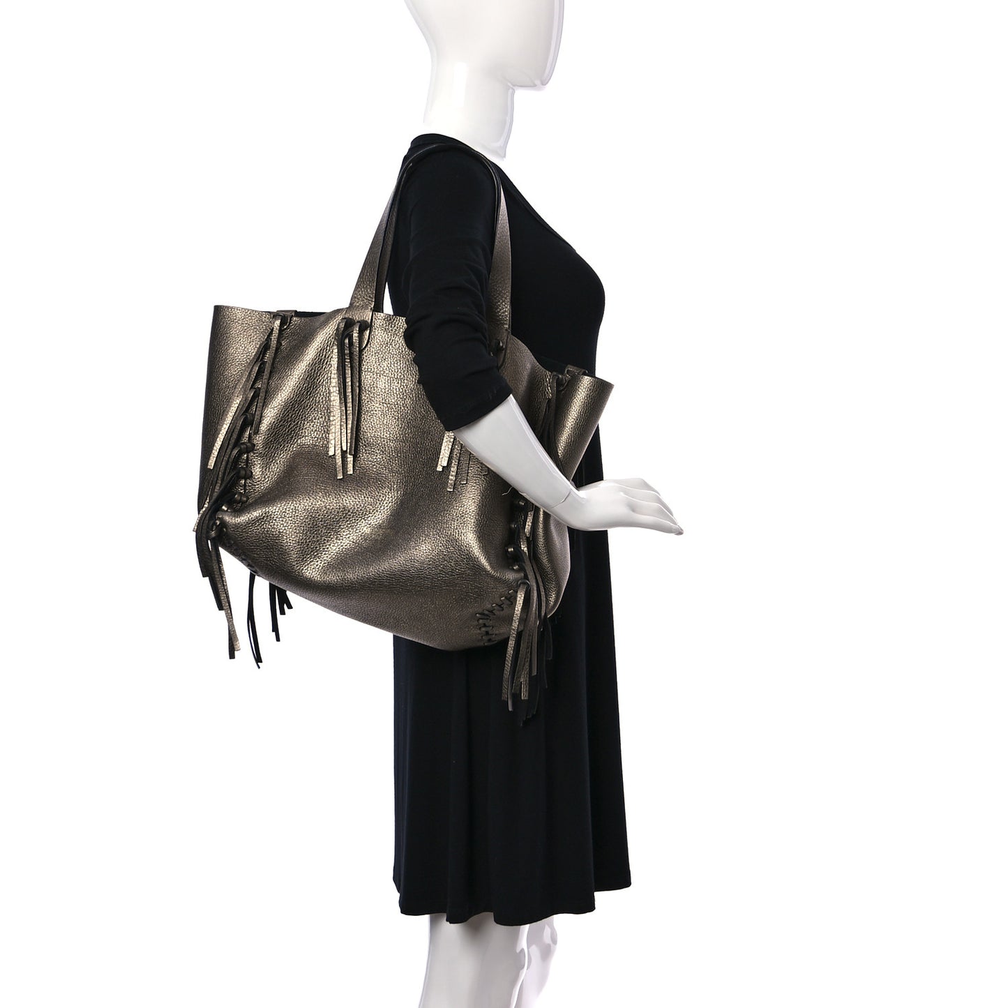 Metallic Grained Calfskin C-Rockee Fringe Tote Sasso
